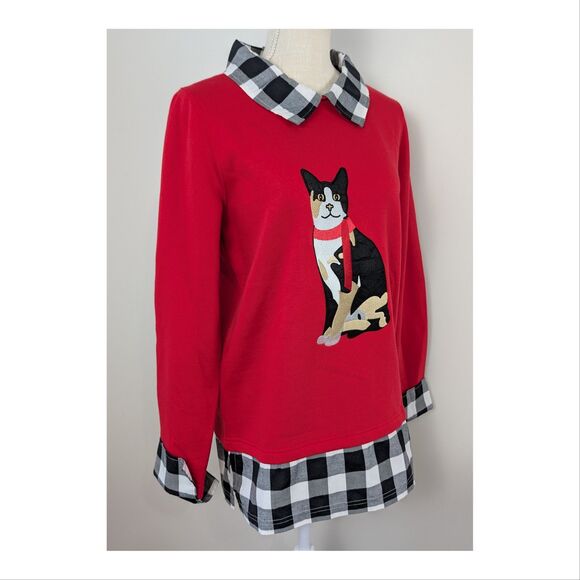 Country Store Womens Sweatshirt Small Embroidered Cat Layered Buffalo Plaid NWOT - Picture 2 of 9